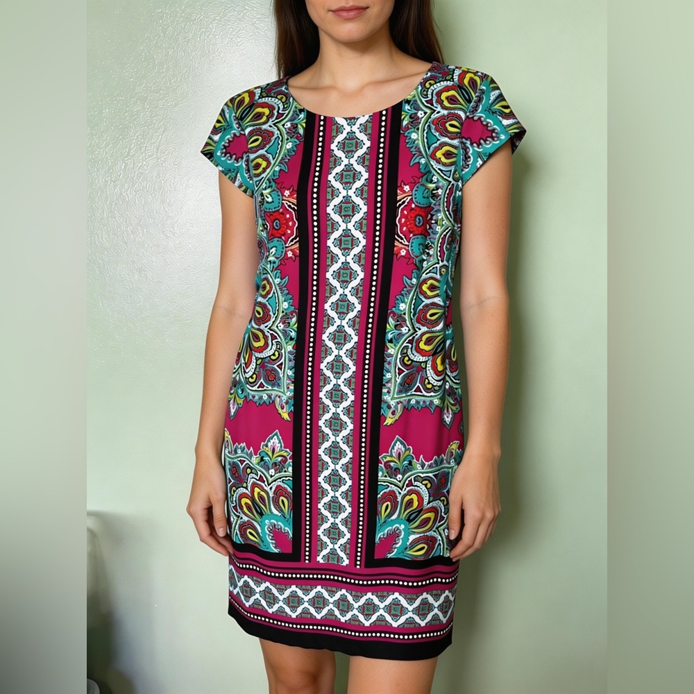 Liz Claiborne Multicolor Printed Shift  Dress with Cap Sleeves Size M